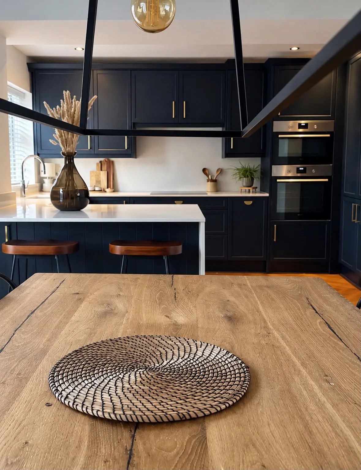 Navy shaker kitchen and white quartz peninsula seen from the dining table